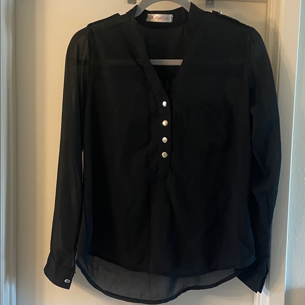 Chic Black V-Neck Blouse with Button Detail